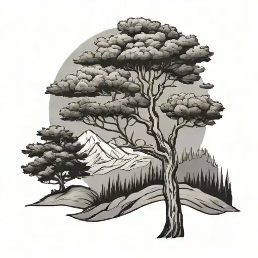 Lebanese Cedar Tree With Mountain