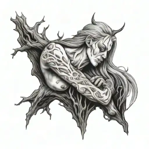 Hel Half Dead Leaning On Tree Tattoo