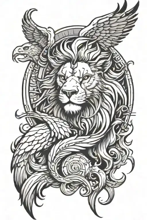 Head Of A Lion And A Phoenix Rising From The Ashes