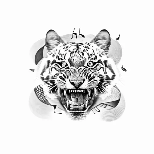 A Black-grey Tattoo Of A Laughing Tiger Surrounded By Music Notes