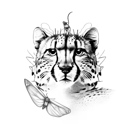 A Cheetah Leaping Over A Mountain Range With A Butterfly Perched On Its Back In A Black-grey Style