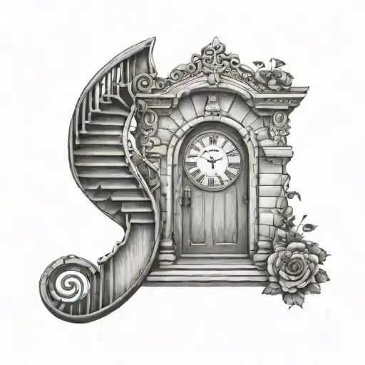 Fairy Door With Spiral Staircase Leading Up To Timeless Clock Bird Cage