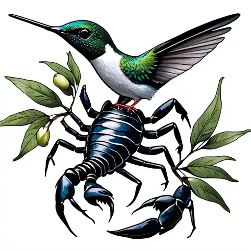 Scorpion And A Hummingbird And Olive Branch Intertwined