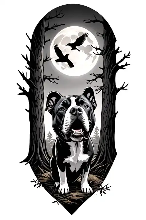 A Woods With Birds And A Pitbull Terrior Mix Dog Howling At The Moon