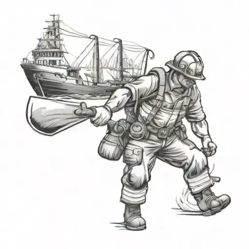 Fire Fighter With Axe In Two Hand Holding With A Ship Background