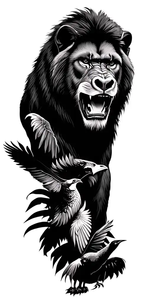 Lion In Jungle And Wolf And Birds And Gorilla