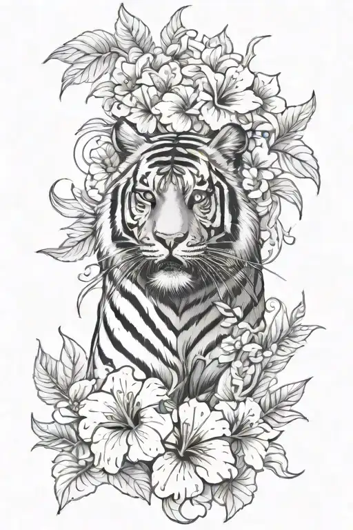 Tiger Surrounded By Hibiscus Flowers Surrounding