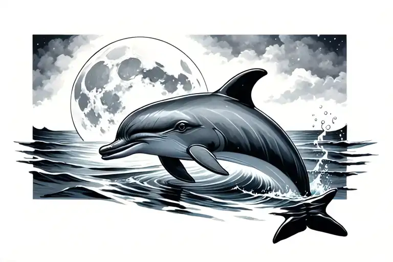 Dolphin In Water With Head Out In Front Of Full Moon