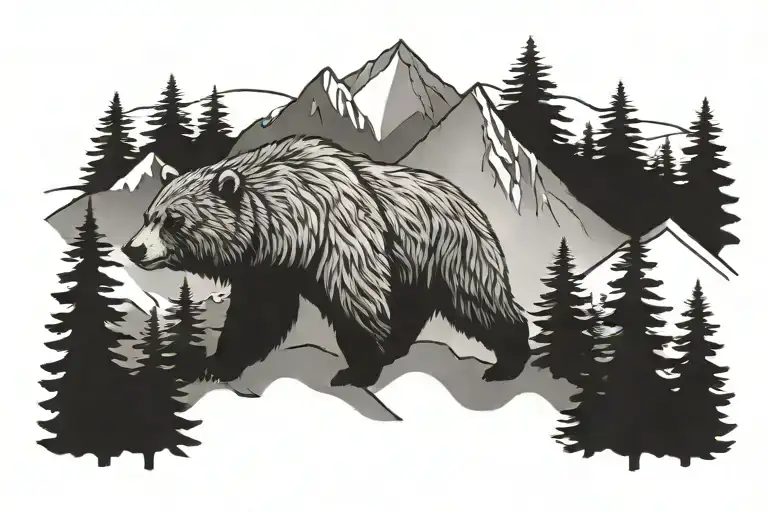 Mountains With Grizzly Bear And Pine Trees