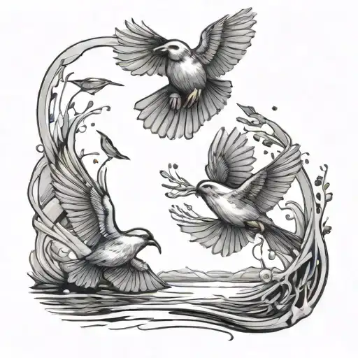 Birds Flying And Standing In Water