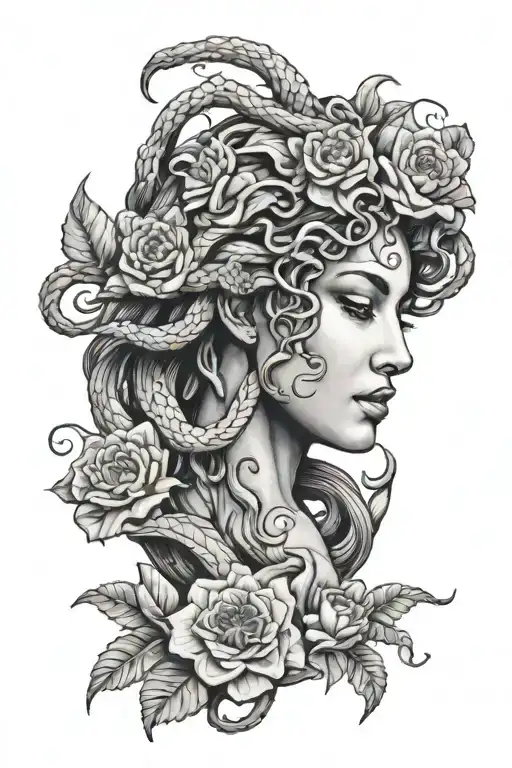 Medusa Surrounded By Flowers In A Broken Mirror Reflection