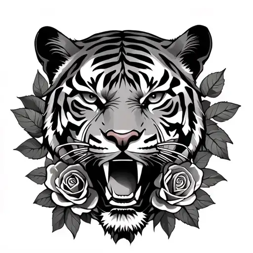 Old School Black And Grey Tiger Head Surrounded By Roses