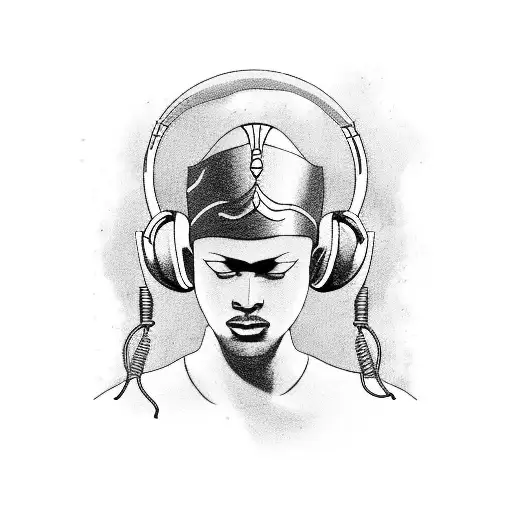 A Black-grey Tattoo Depicting An Egyptian Pharaoh Wearing Headphones And Djing
