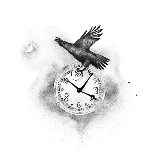 Forest With Flying Raven Connected To A Clock