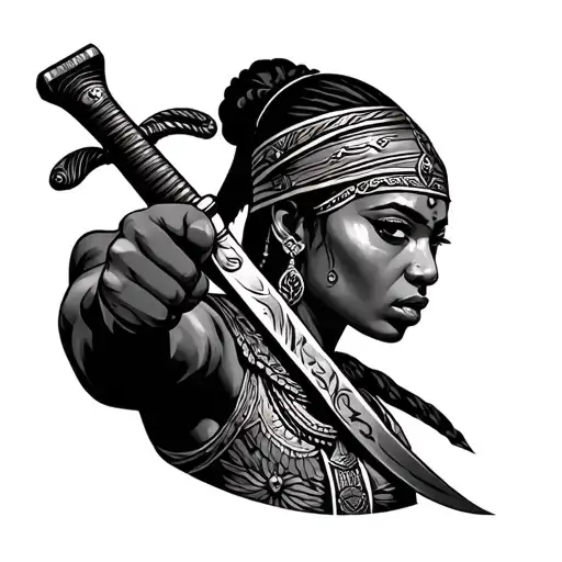 Powerful Nubian Warrior Pointing A Machete With A Female Face
