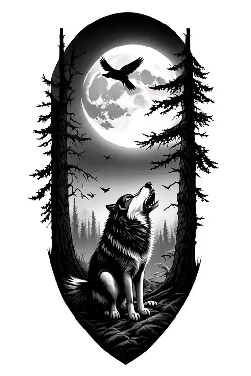 A Woods With Birds And A Wolf Howling At The Moon