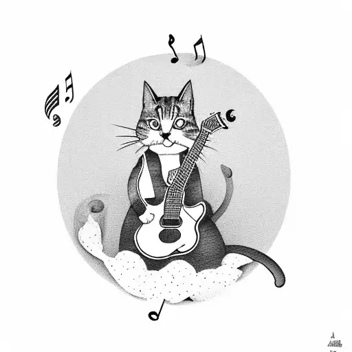A Black And Grey Tattoo Of A Cat Playing A Guitar With Musical Notes Swirling Around It