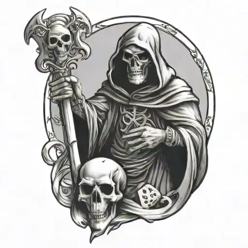 Grim Reaper With Dice And Woman Posing