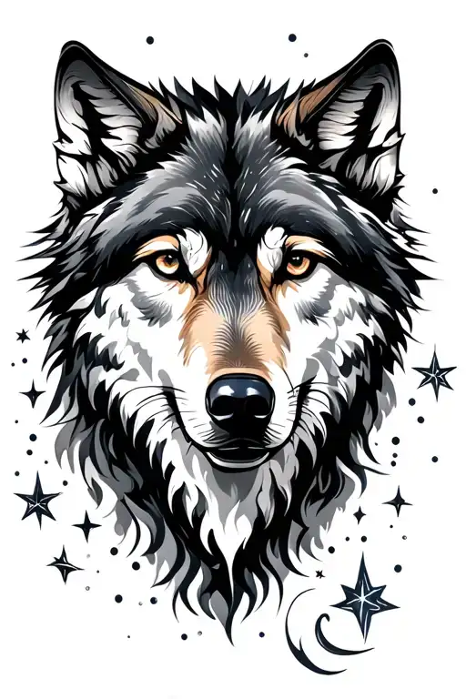 Wolf And Full Moon Surrounded By Stars