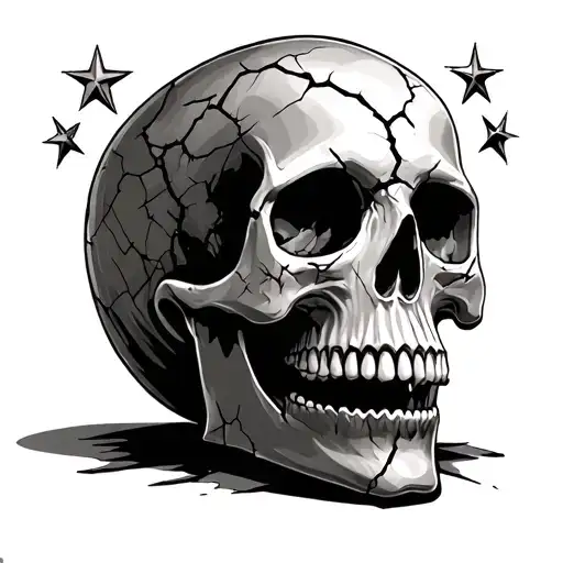 A Cracked Skull With Five Point Stars Around It