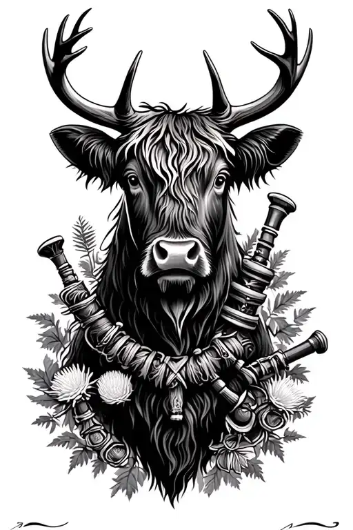 Stag Head Highland Cow Bagpipes Thistle Intertwined