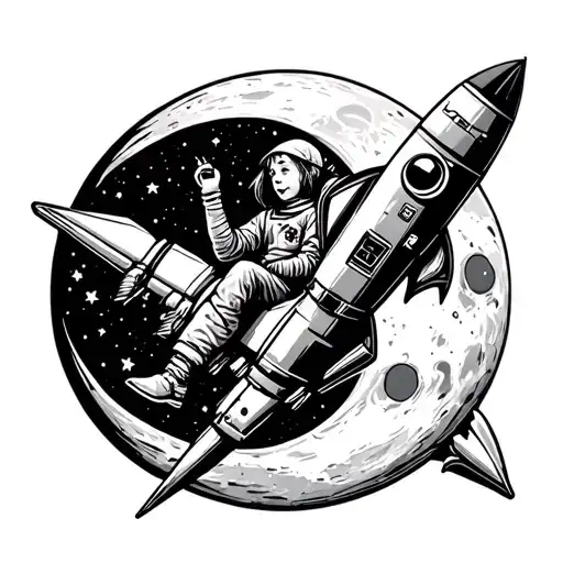 Teenager Riding A Rocket Circling The Moon Surrounded