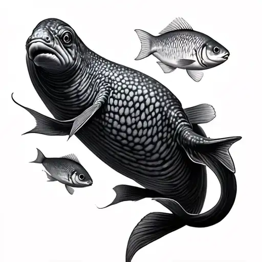 Black And Grey Realism Of Moray Eel Swimming With Fish Around It Realistic Not Cartoon