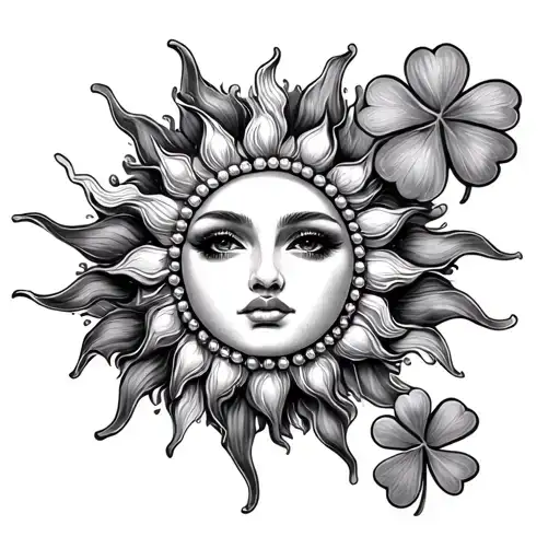 A Drawing Of A Sun With A Clover And Pearls