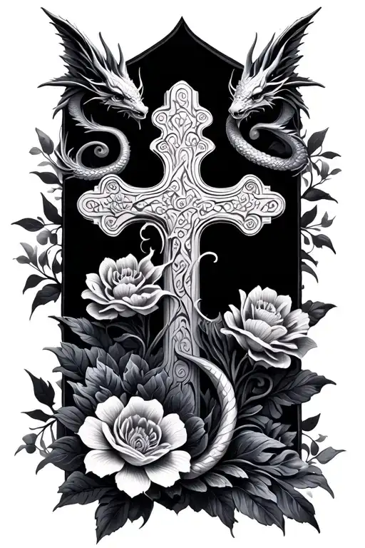 Floral Cross With Tiny Dragons Wavy Feminine