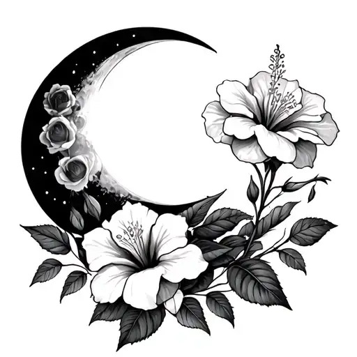 The Moon Tarot Card And Roses Mayflowers Hibiscus