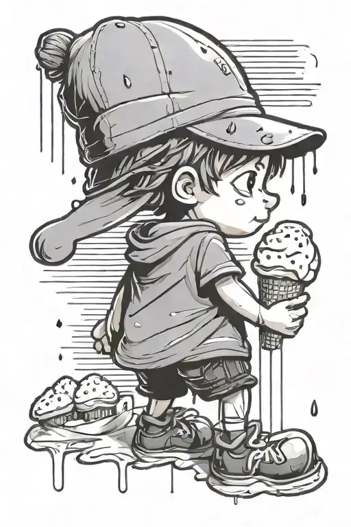 Cartoon Boy Backwards Hat In Rain Eating Ice Cream