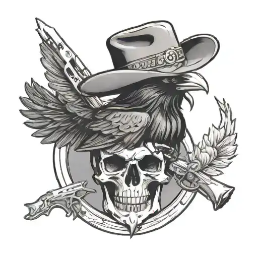 Raven Sitting On Top Of A Skull With A Cowboy Hat On And A Revolver Underneath
