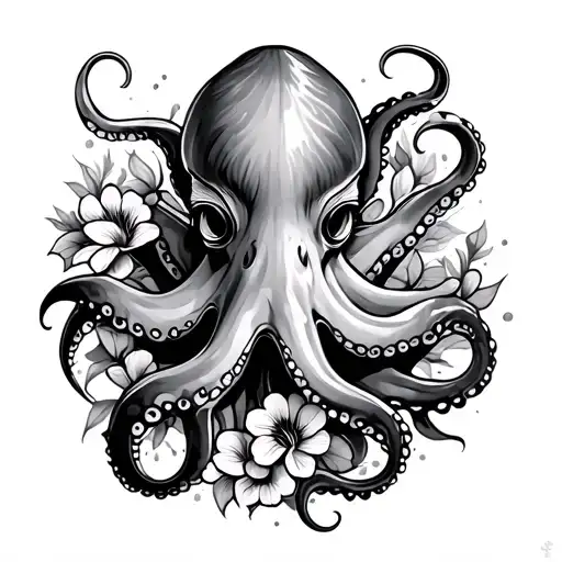 Octopus With Samoan Design Inside With Pacific Flowers