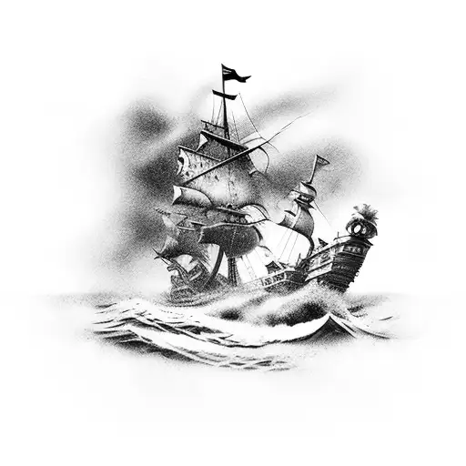 Sinking Pirate Ship In Rough Sea With Under Water Creatures