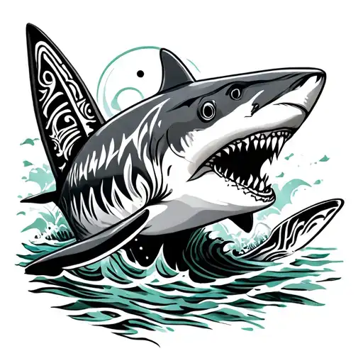 Surfboard And Shark With Tribal Patterns