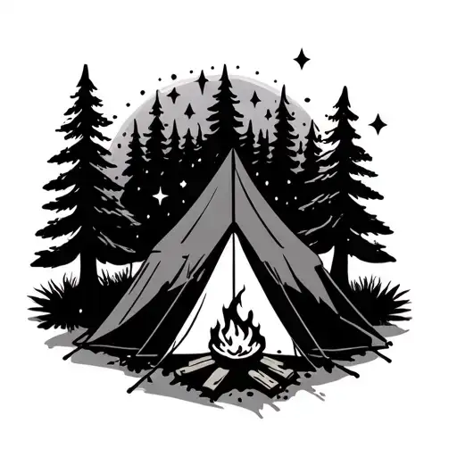Camping Scene With A Tent And Campfire Scene And Stars
