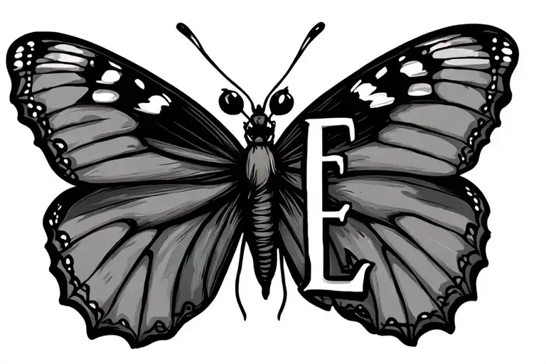 Fine Line Tatto Of A Butterfly Side View Where One Wing Spells The Letter E