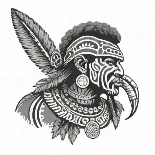 Papua New Guinean Warrior Face Painted Black From The Middle Of Nose And Below