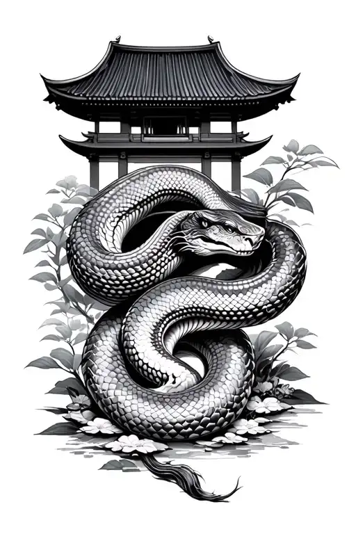 Japanese Temple Garden With Snake