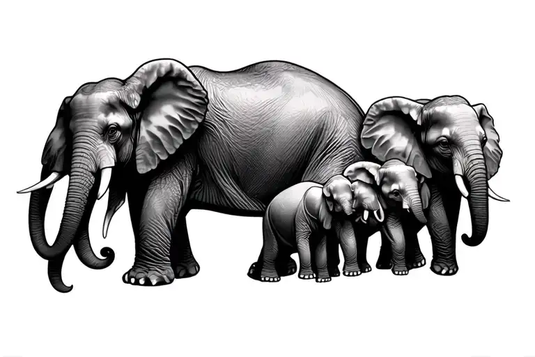 Mother Elephant And Four Baby Elephants Holding Trunks
