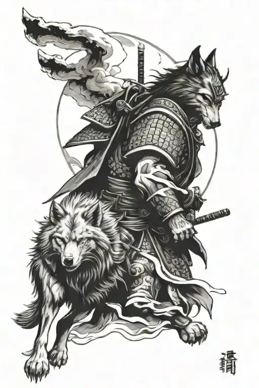 Samurai With Big Wolf Howling At The Moon Phases