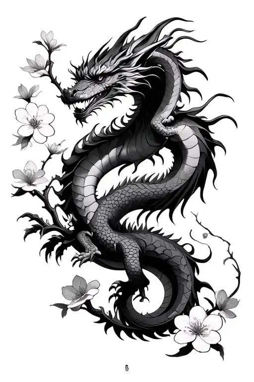 Red Dragon Intertwined With Cherry Blossoms