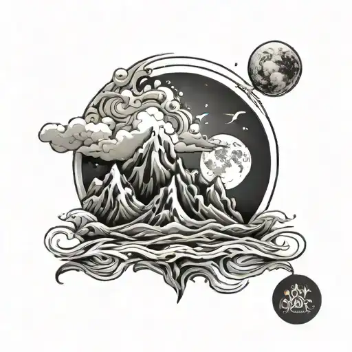 Mountain And Sea Waves With Moon