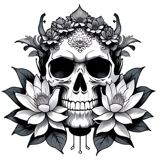 Skull Japanese With Lotus Flowers
