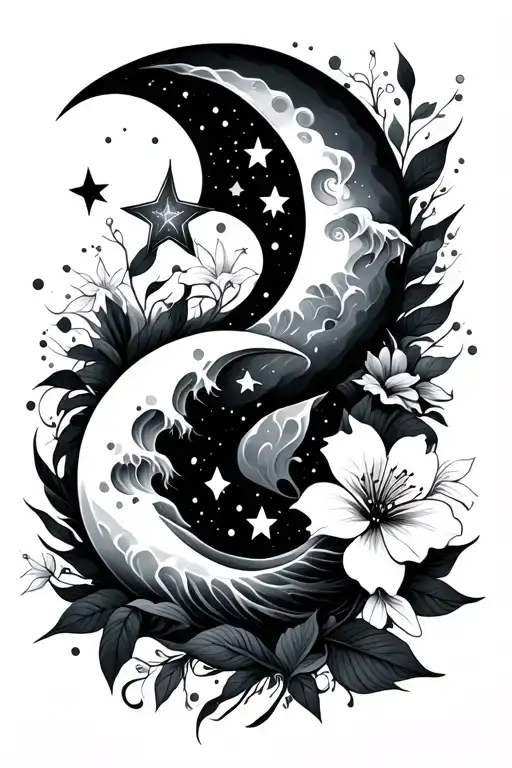 Waves Moon And Stars And Flowers Intertwined