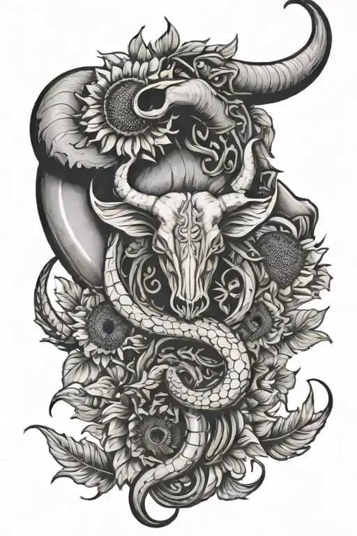 Bull Horn With Sunflowers On A Dirt Road With A Shotgun Intertwined With A Snake