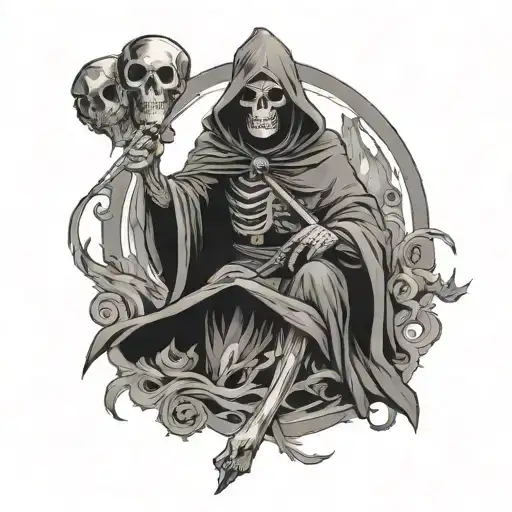Grim Reaper With Dice And Woman Posing