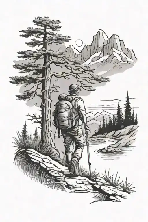 Nature Scene With Hiker On A Mountain Trail