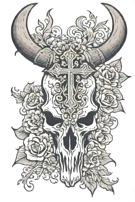 Bull Skull With Floral Background And A Cross