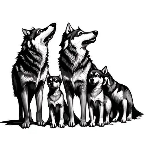 Mom And Dad Wolf With 4 Pups Howling